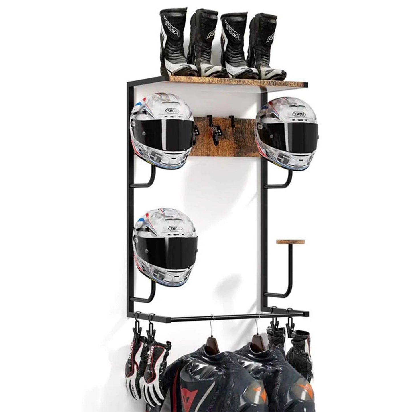 Helmet Holder, Wall-Mounted Rack With 4 Glove Clips & Hooks, Storage Organizer For Helmets Gear Clothes.