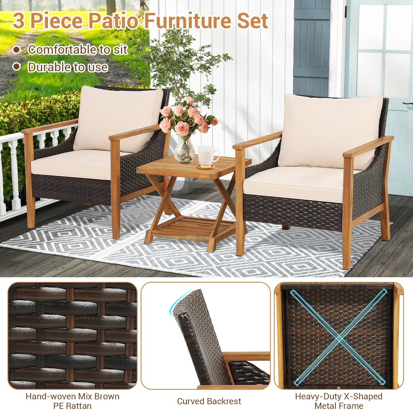 3PCS Patio Wicker Furniture Set Cushioned Armchairs with 2-Tier Side Table.