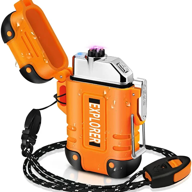 New Outdoor Camping Mountaineering Waterproof USB Double-arc Lighter Portable Lanyard with Whistle.