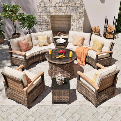 9 Piece Outdoor Patio Furniture Set, Half-Moon Curved Sectional.