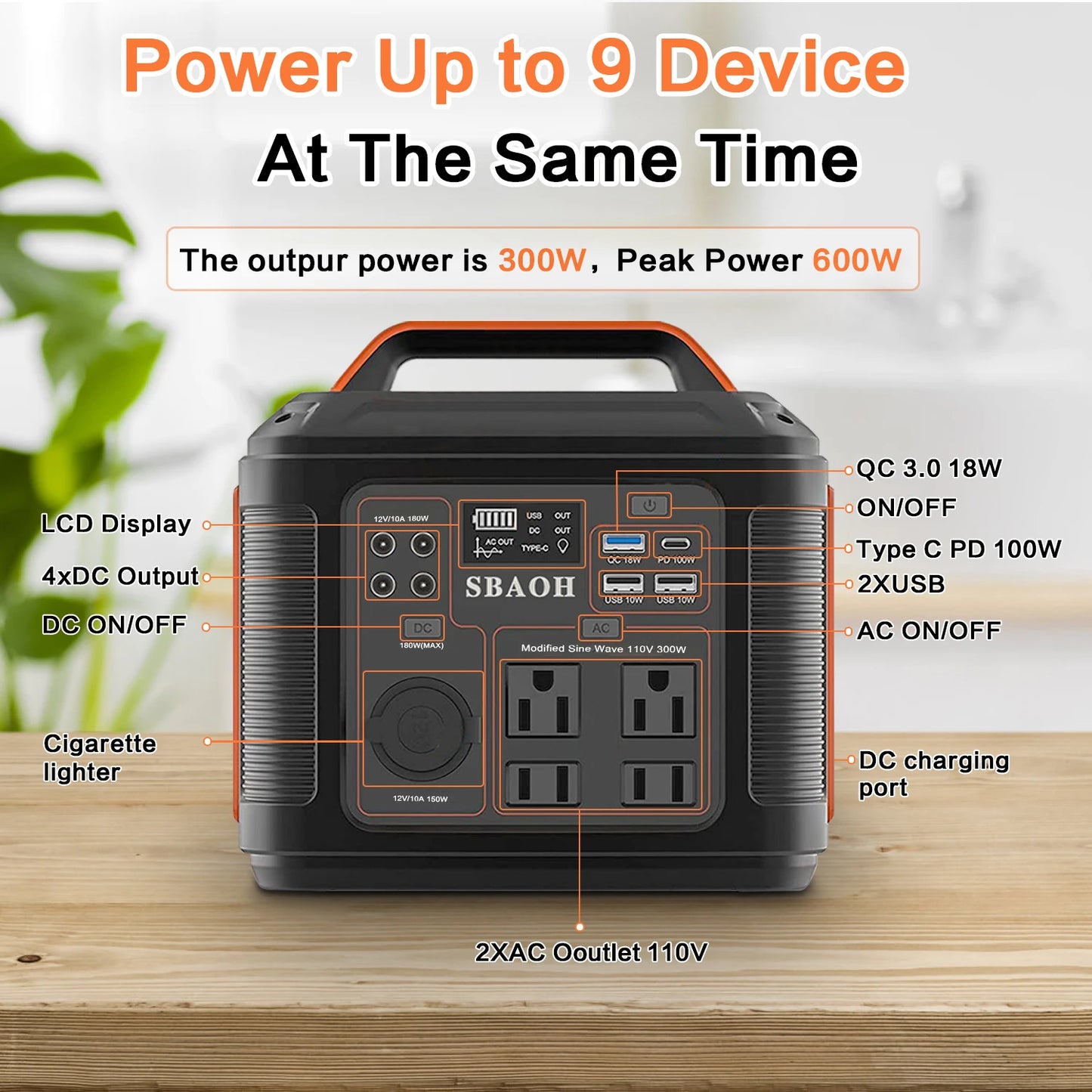 Portable Power Station, 300W 296Wh Solar Generator Quick Charge / 110V AC Outlets/DC.