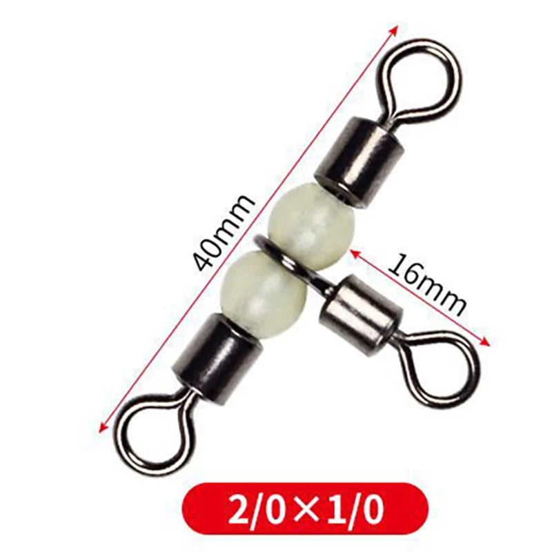 10/50pcs Stainless Steel T-Turn 3 Way Fishing Connector  Rolling Swivel Fishing Tackle Connector Luminous beads attract fish