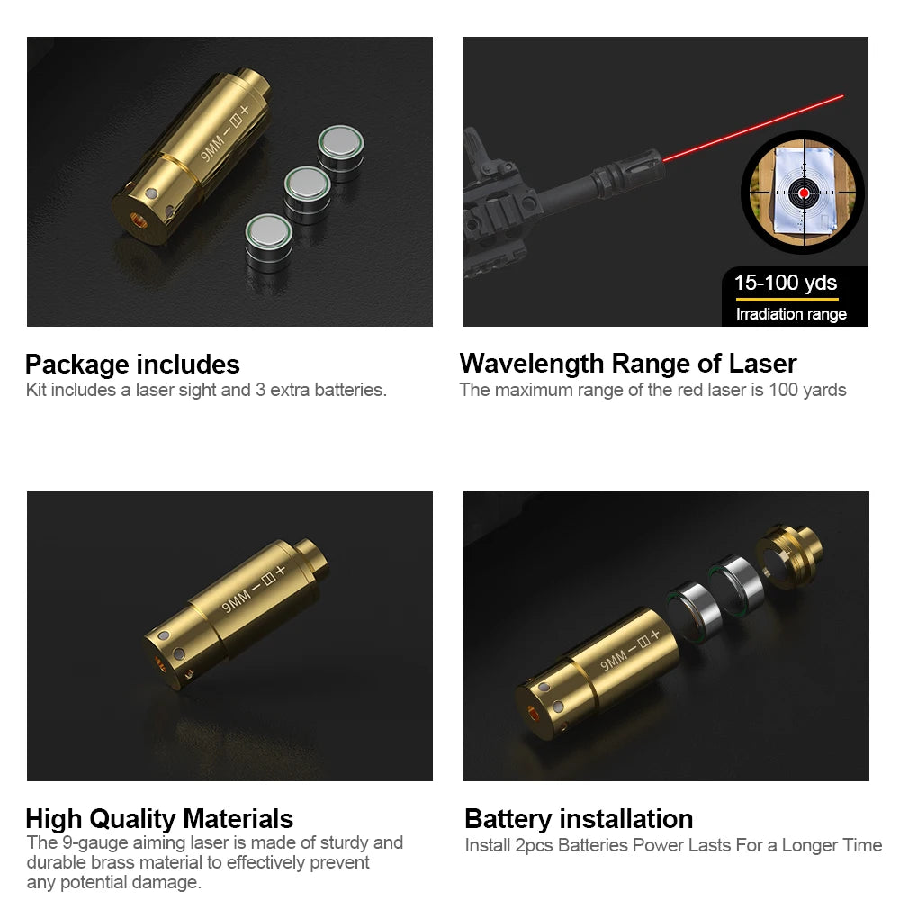 9MM Optics Cartridge Red Dot Laser 9MM Bore sighter.