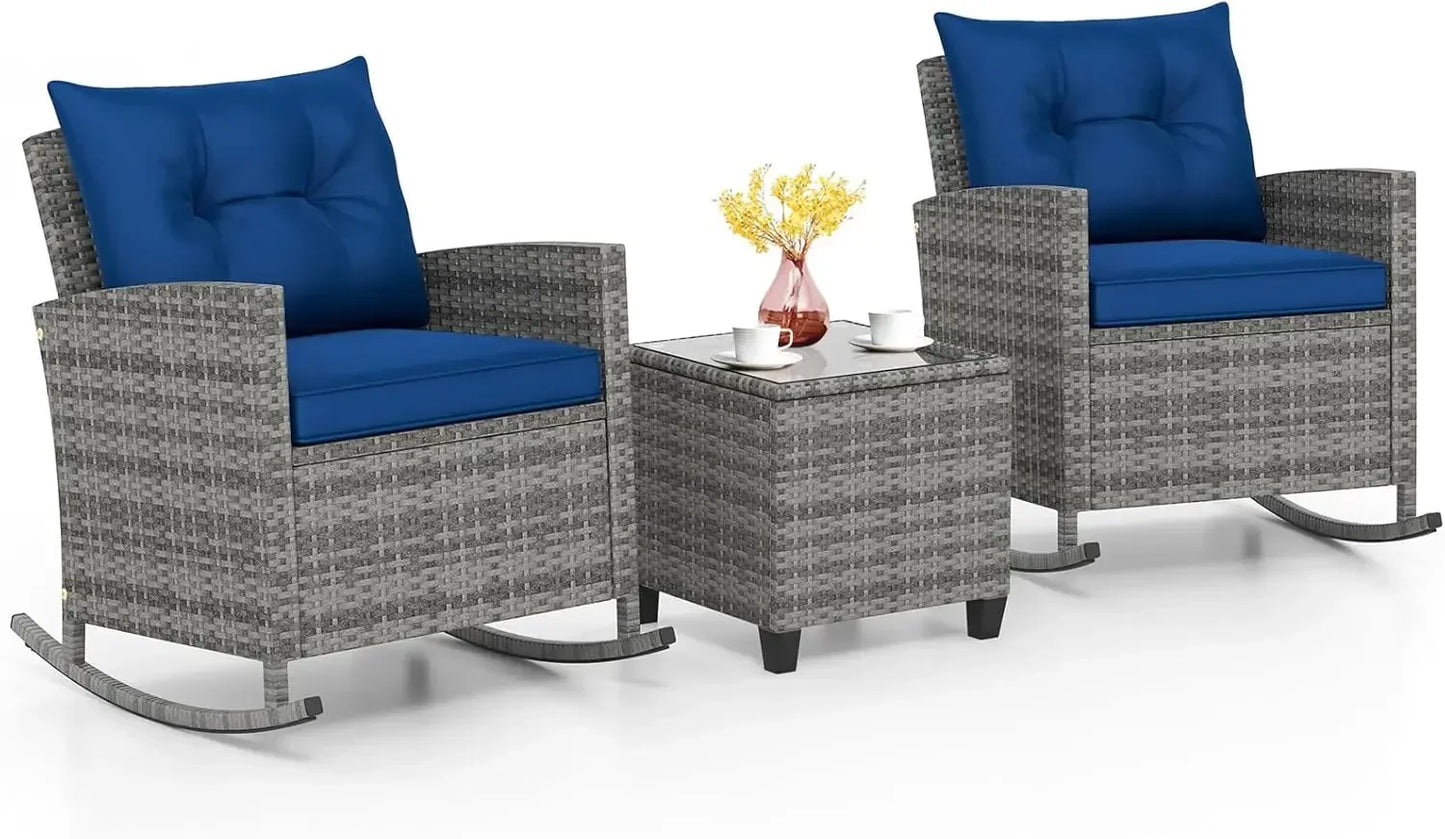 3 Piece Patio Furniture Rocking Bistro Set, Wicker.
