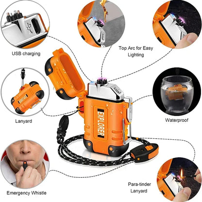 New Outdoor Camping Mountaineering Waterproof USB Double-arc Lighter Portable Lanyard with Whistle.