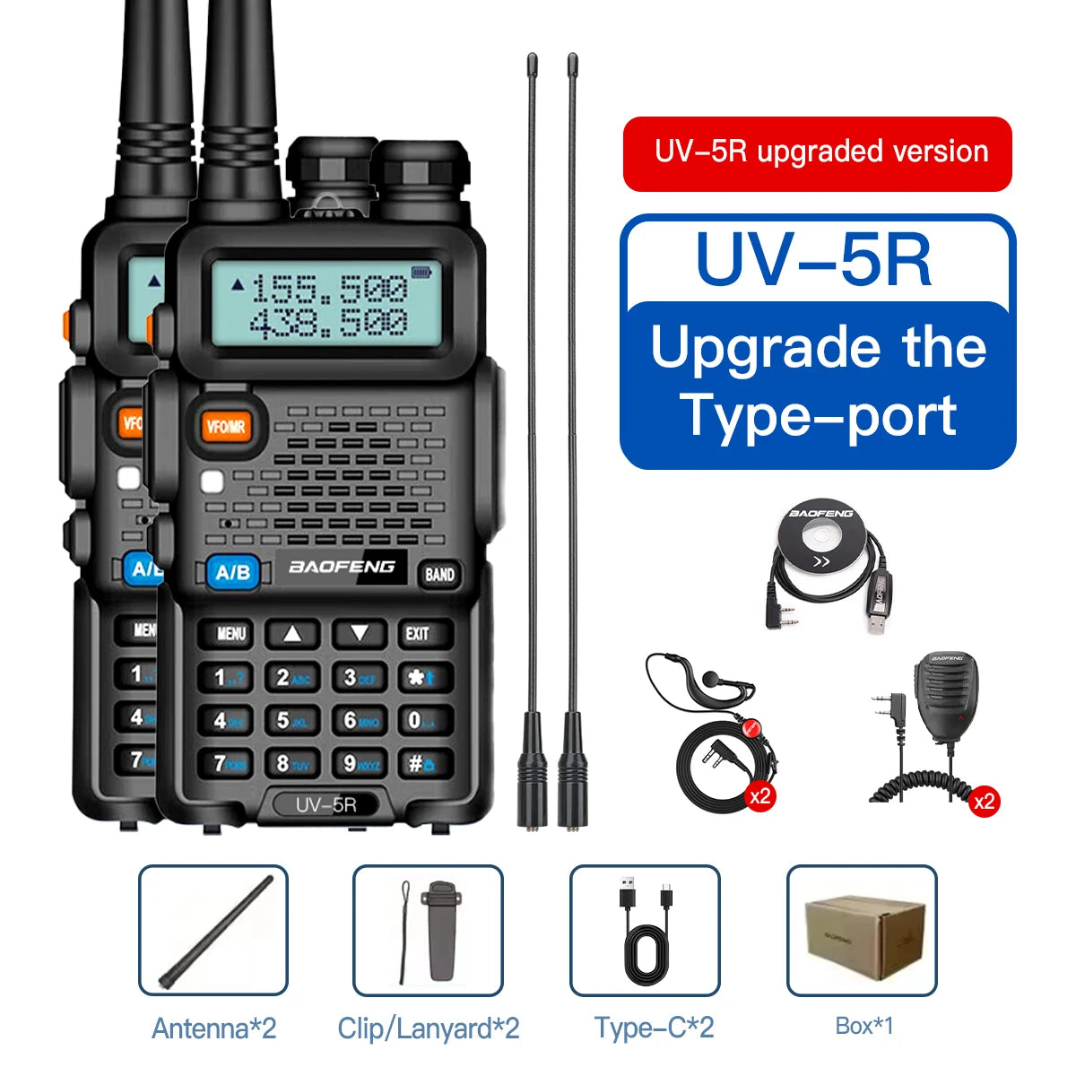 1PC/2PCS  UV-5R USB Long Range Portable Two Way Radio Baofeng CB Radio Walkie.