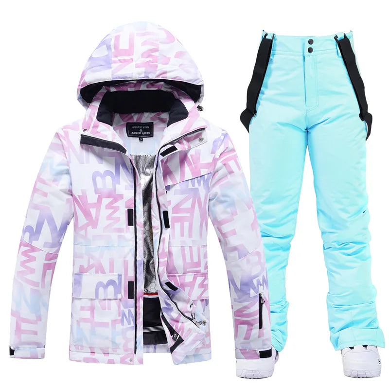 Women Ski Suit Winter Windproof Waterproof Snowboarding Jacket and Pants.