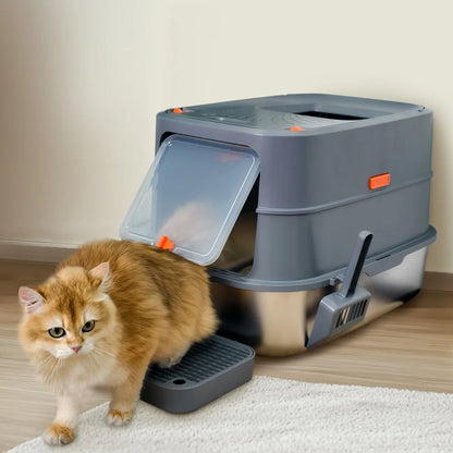Extra Large Stainless Steel Cat Litter Box Full Enclosed Cat Litter Tray Pan.