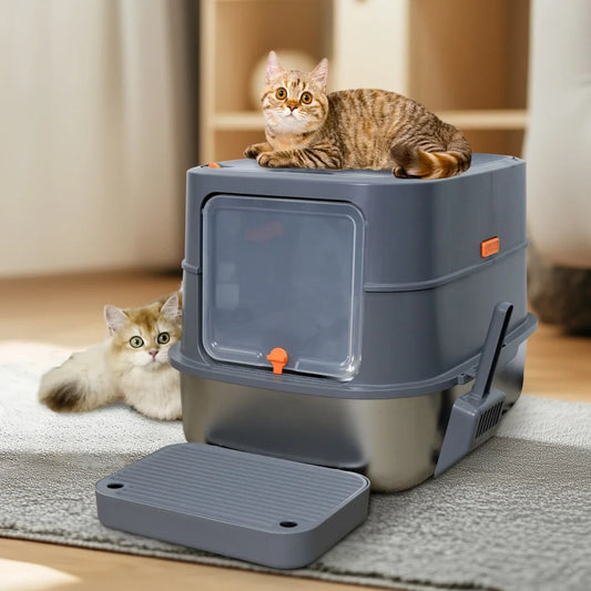 Extra Large Stainless Steel Cat Litter Box Full Enclosed Cat Litter Tray Pan.