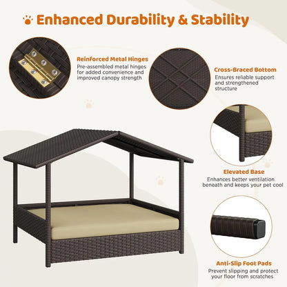 Wicker Dog House Outdoor Indoor with Canopy.