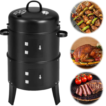 3 in 1 Vertical Charcoal BBQ Smoker Heavy Duty Round Smoking Grill.