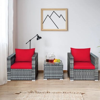 3 PC Patio Rattan Furniture Bistro Set Cushioned Sofa Chair Table Red.