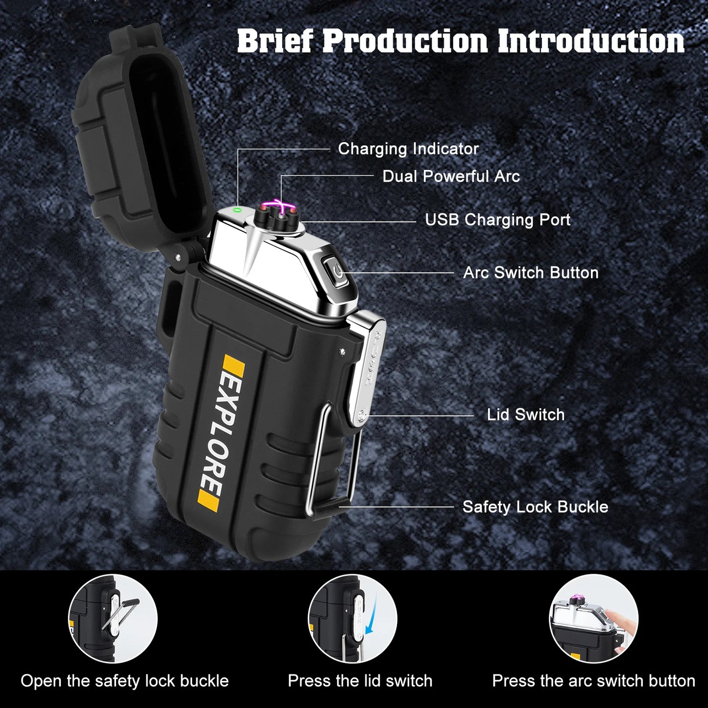 Waterproof Electric Lighter Windproof Dual Arc USB Rechargeable Flameless Plasma Lighters.
