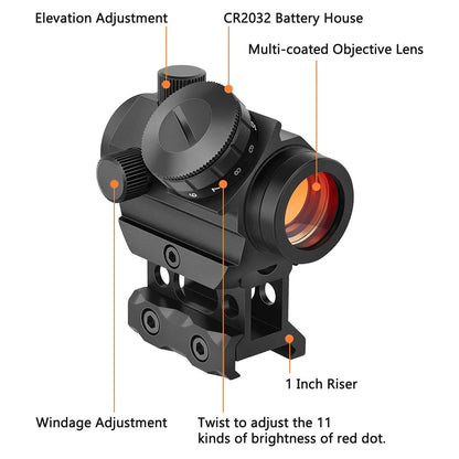 Red Dot Sight 1x25mm Reflex Sight Waterproof & Shockproof & Fog-Proof  with 1 inch Riser Mount.