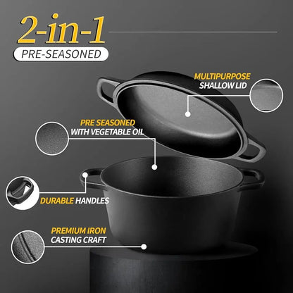 2-in-1 Pre-Seasoned Cast Iron Dutch Oven with Skillet Lid .