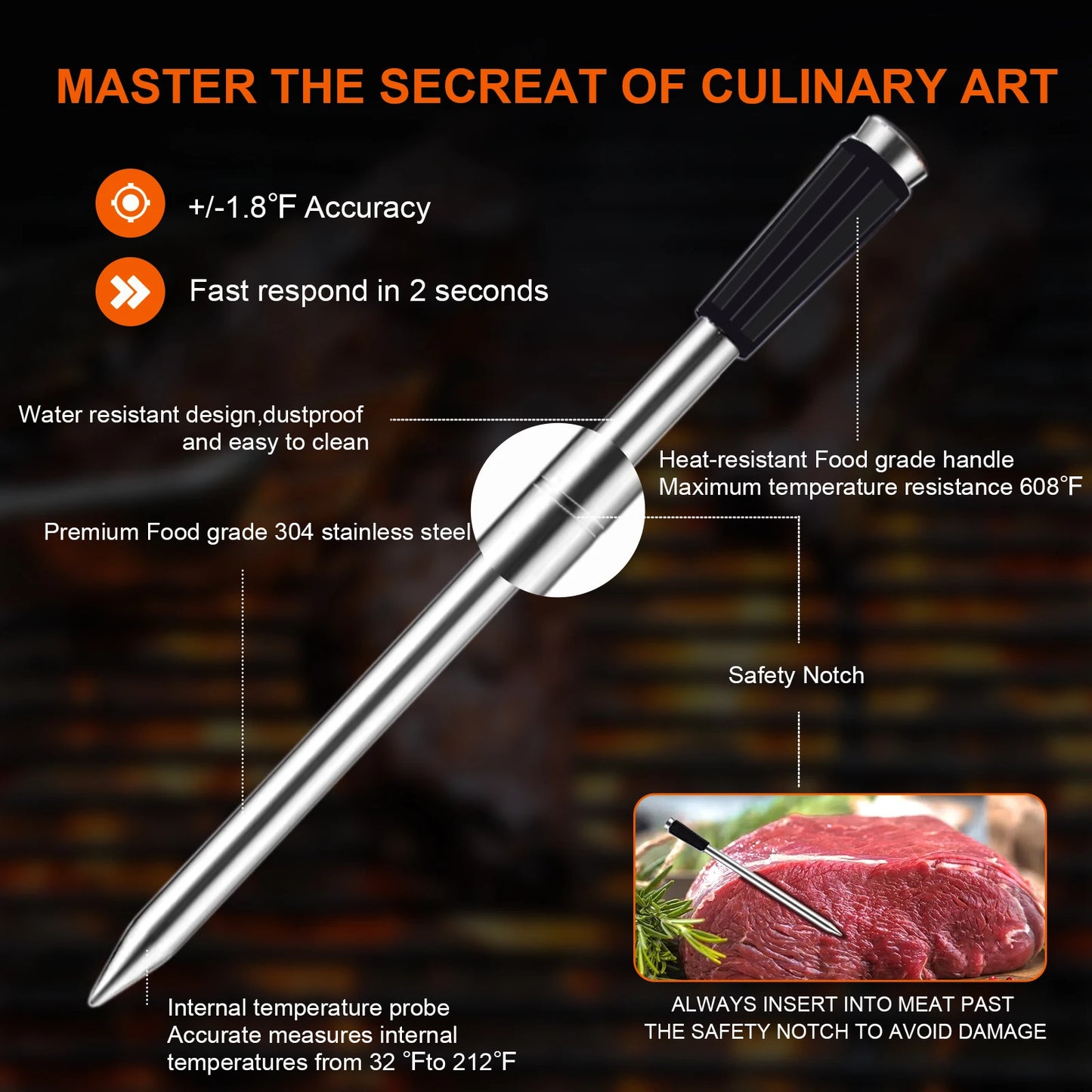 Smart Meat Thermometer Wireless Bluetooth  Rechargeable.