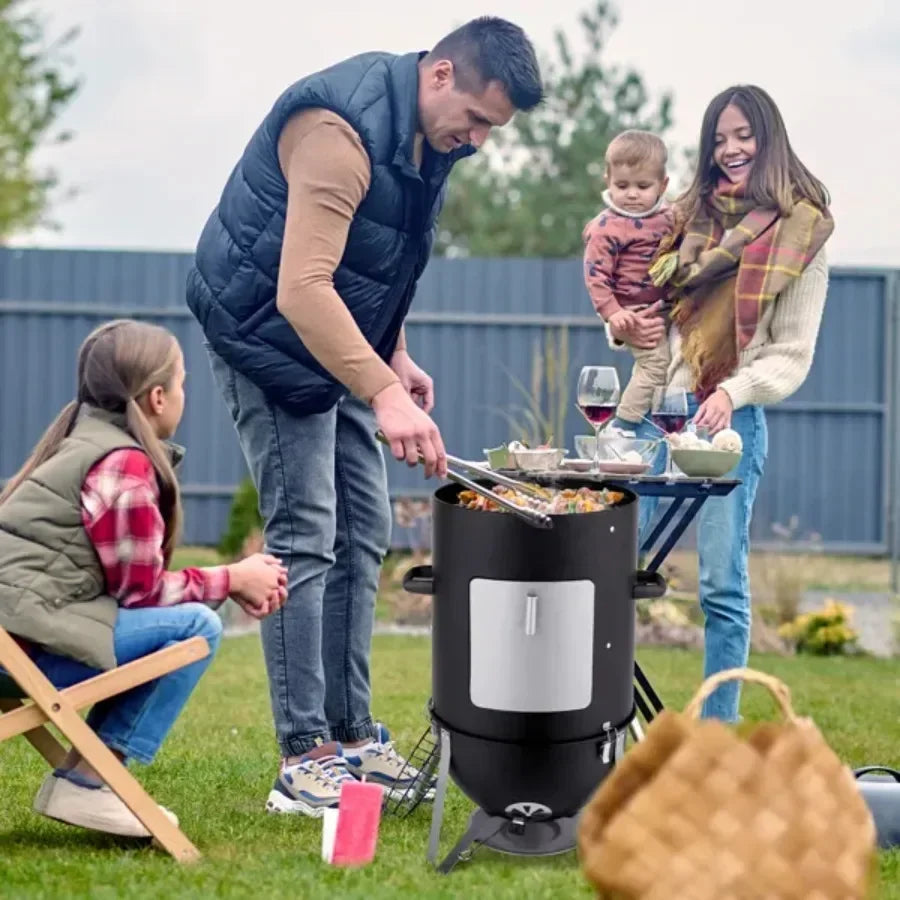 Vertical Steel Charcoal Smoker Heavy Duty Three Layer Round BBQ Grill.