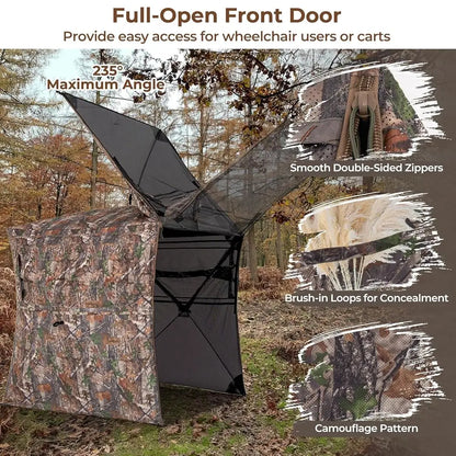 2-3 Person Hunting Blind, 360 Degree See Through Ground Blind With Full-Open Door & Sliding Windows.