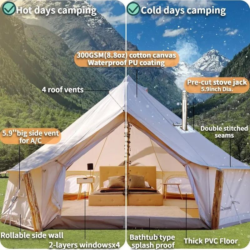 4 Season Canvas Bell Tent with 2 Stove Jacks,
