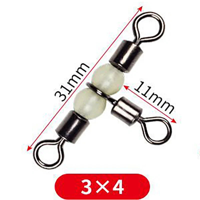 10/50pcs Stainless Steel T-Turn 3 Way Fishing Connector  Rolling Swivel Fishing Tackle Connector Luminous beads attract fish