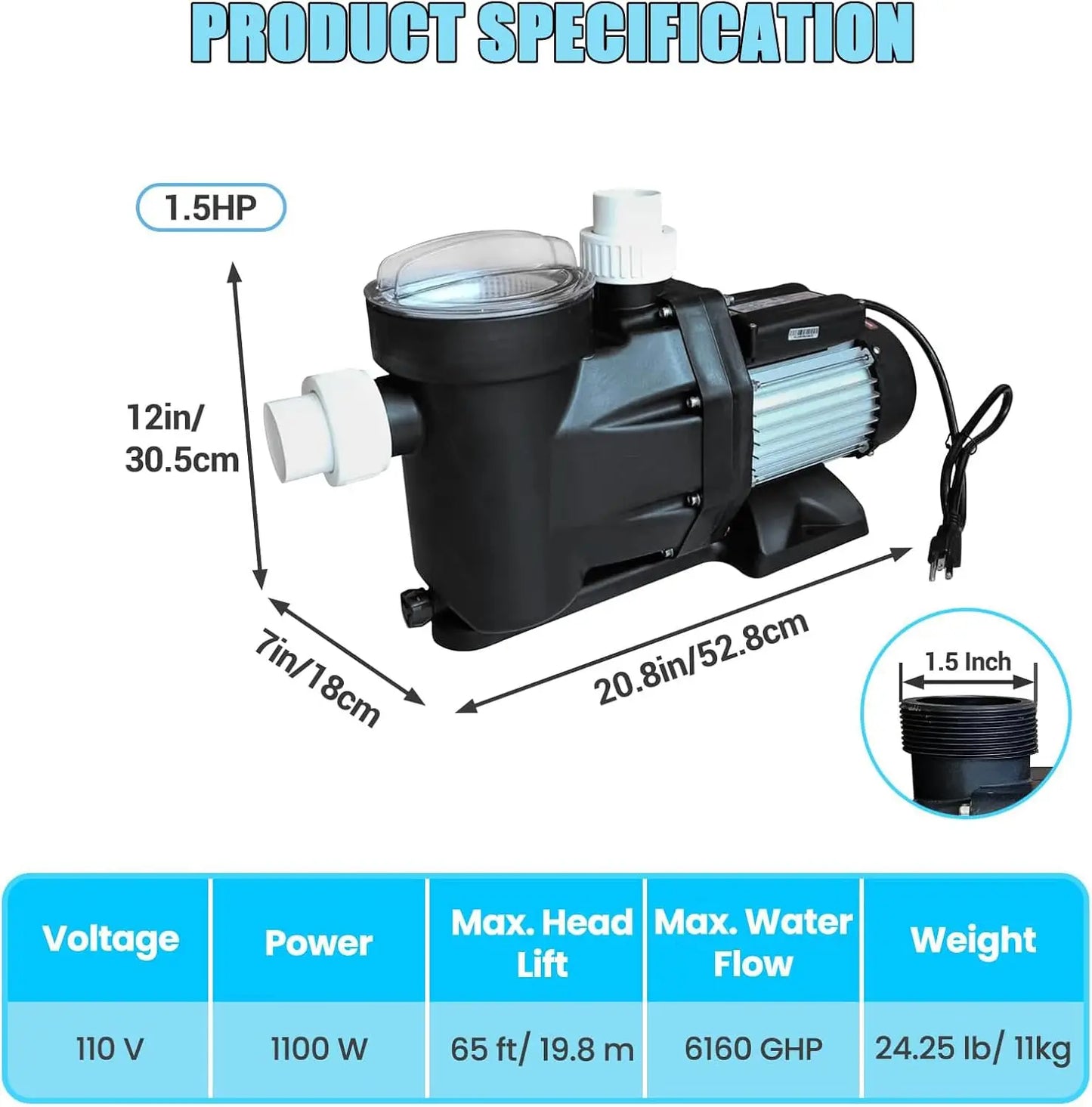 Swimming Pool Pump 3HP 110V 1100W 9000 GPH for Above Ground Pool.