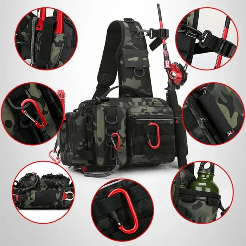 Fishing Tackle Backpack Lure Box Gear Storage Bag with Rod Holder Sling Shoulder Bag.