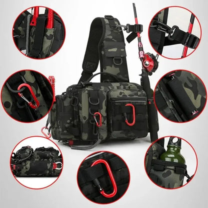 Fishing Tackle Backpack Lure Box Gear Storage Bag with Rod Holder Sling Shoulder Bag.
