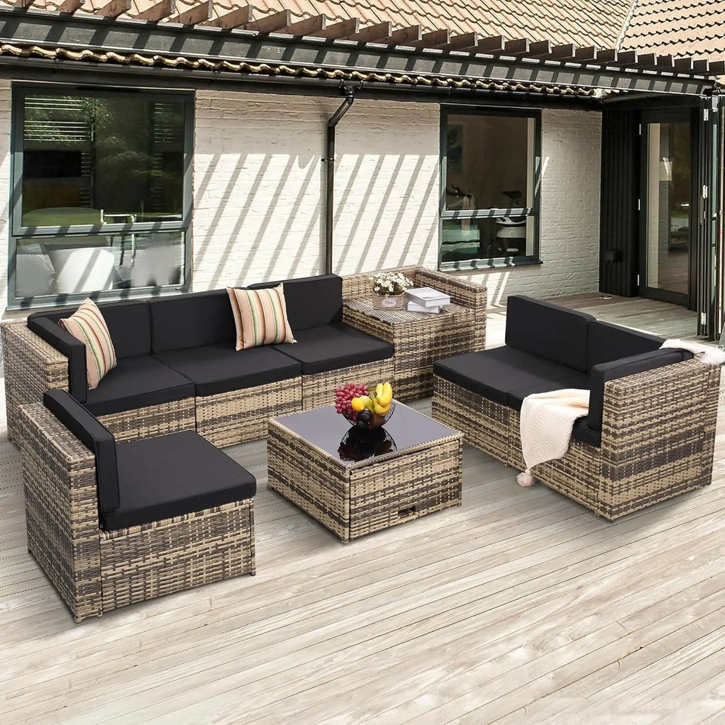 8 Pieces Outdoor Wicker Rattan Patio Furniture Sectional Set.