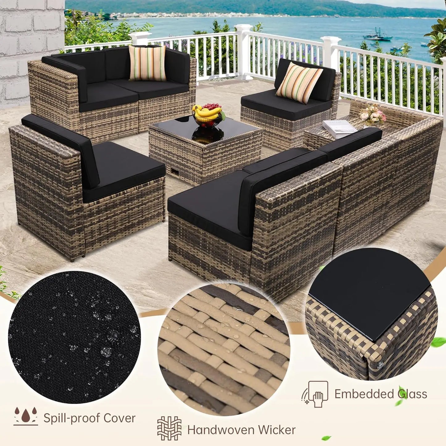 8 Pieces Outdoor Wicker Rattan Patio Furniture Sectional Set.
