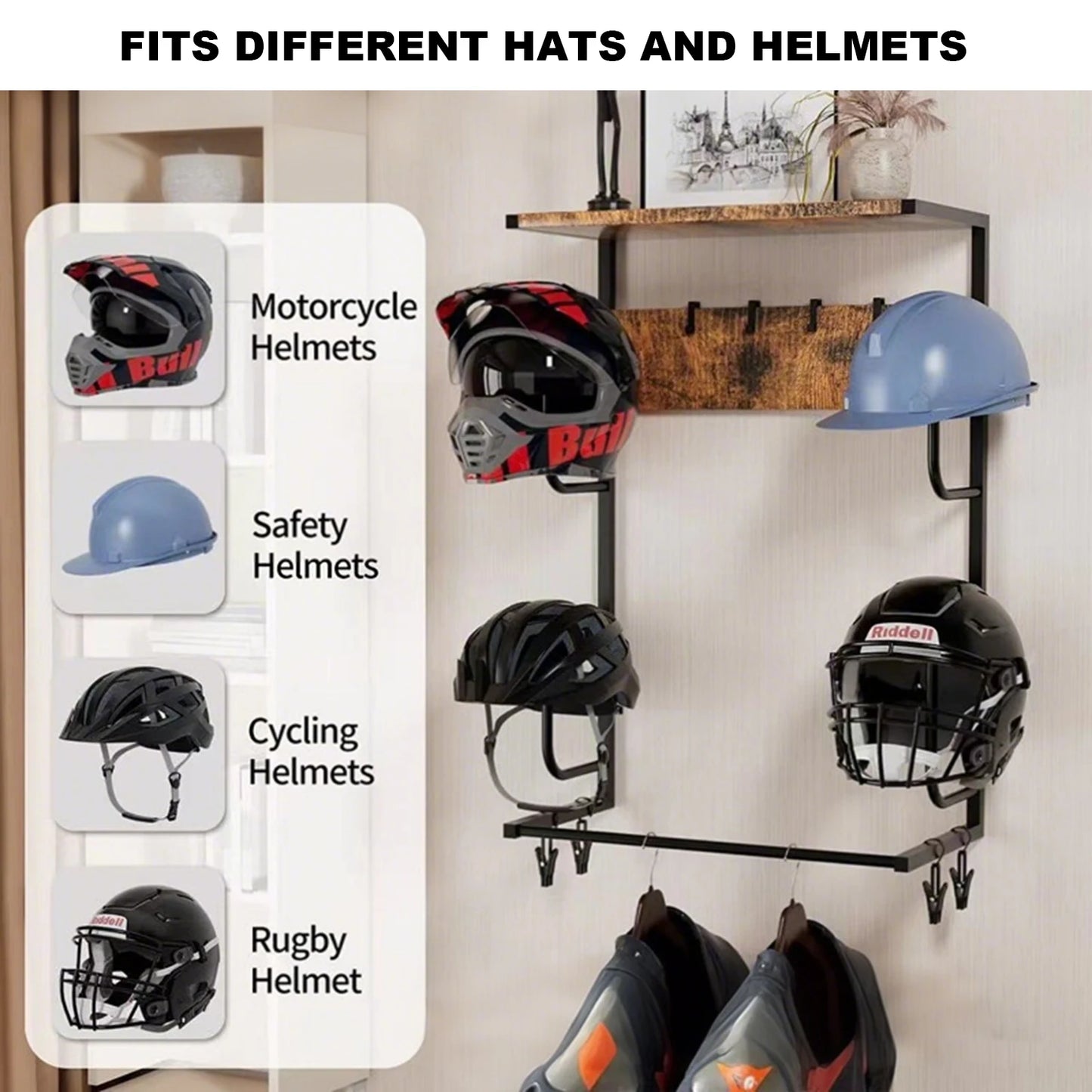 Helmet Holder, Wall-Mounted Rack With 4 Glove Clips & Hooks, Storage Organizer For Helmets Gear Clothes.