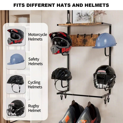 Helmet Holder, Wall-Mounted Rack With 4 Glove Clips & Hooks, Storage Organizer For Helmets Gear Clothes.