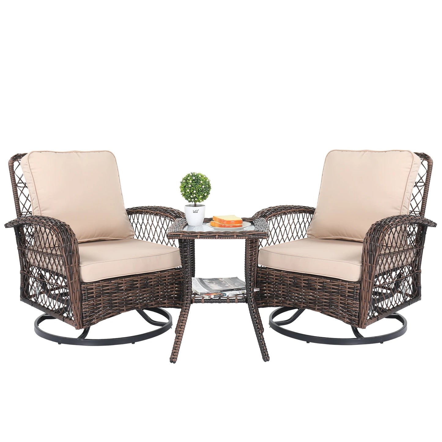 3 Pieces Patio Furniture Set, Outdoor Swivel Gliders Rocker, Wicker Patio Bistro Brown Gradient Ratt