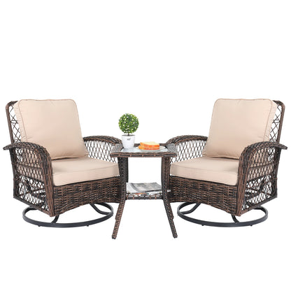 3 Pieces Patio Furniture Set, Outdoor Swivel Gliders Rocker, Wicker Patio Bistro Brown Gradient Ratt