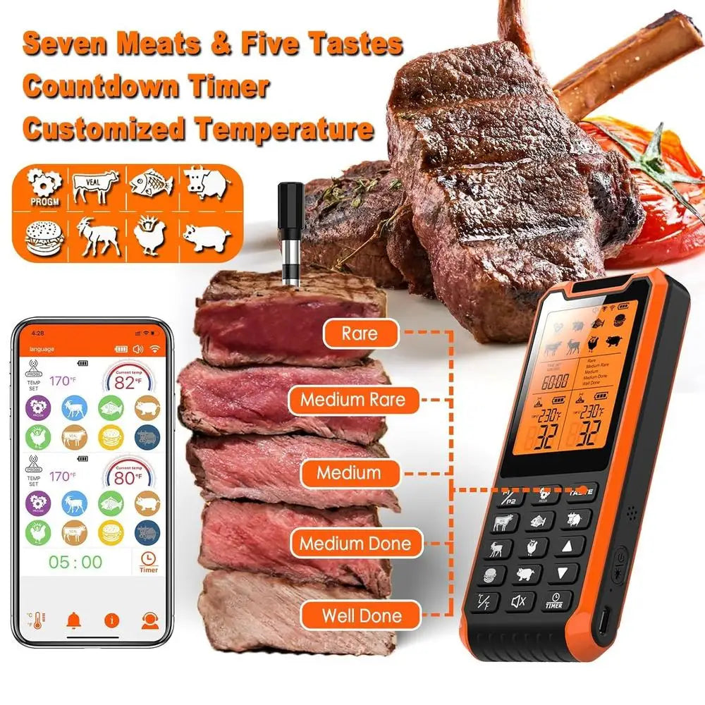 Bluetooth Meat Thermometer Long Range Wireless Dual Probes