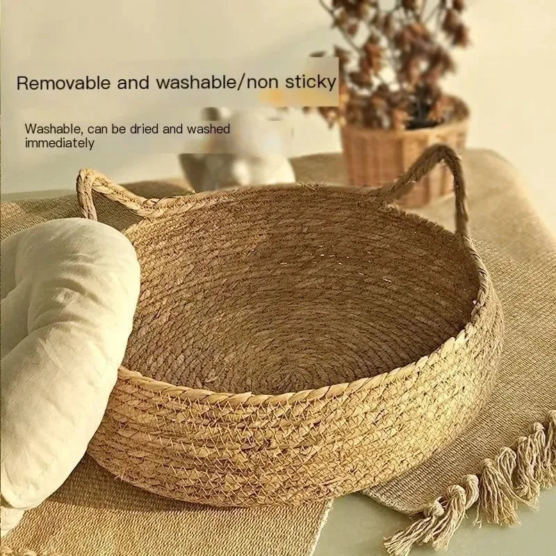 Pure hand-woven rattan cat nest four seasons universal warm pad removable washable.