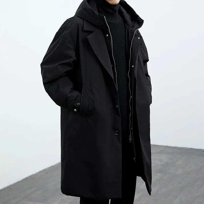 New Fake Two Pieces Long Hooded Long Trench Coat Men's.