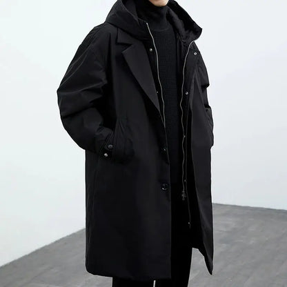 New Fake Two Pieces Long Hooded Long Trench Coat Men's.