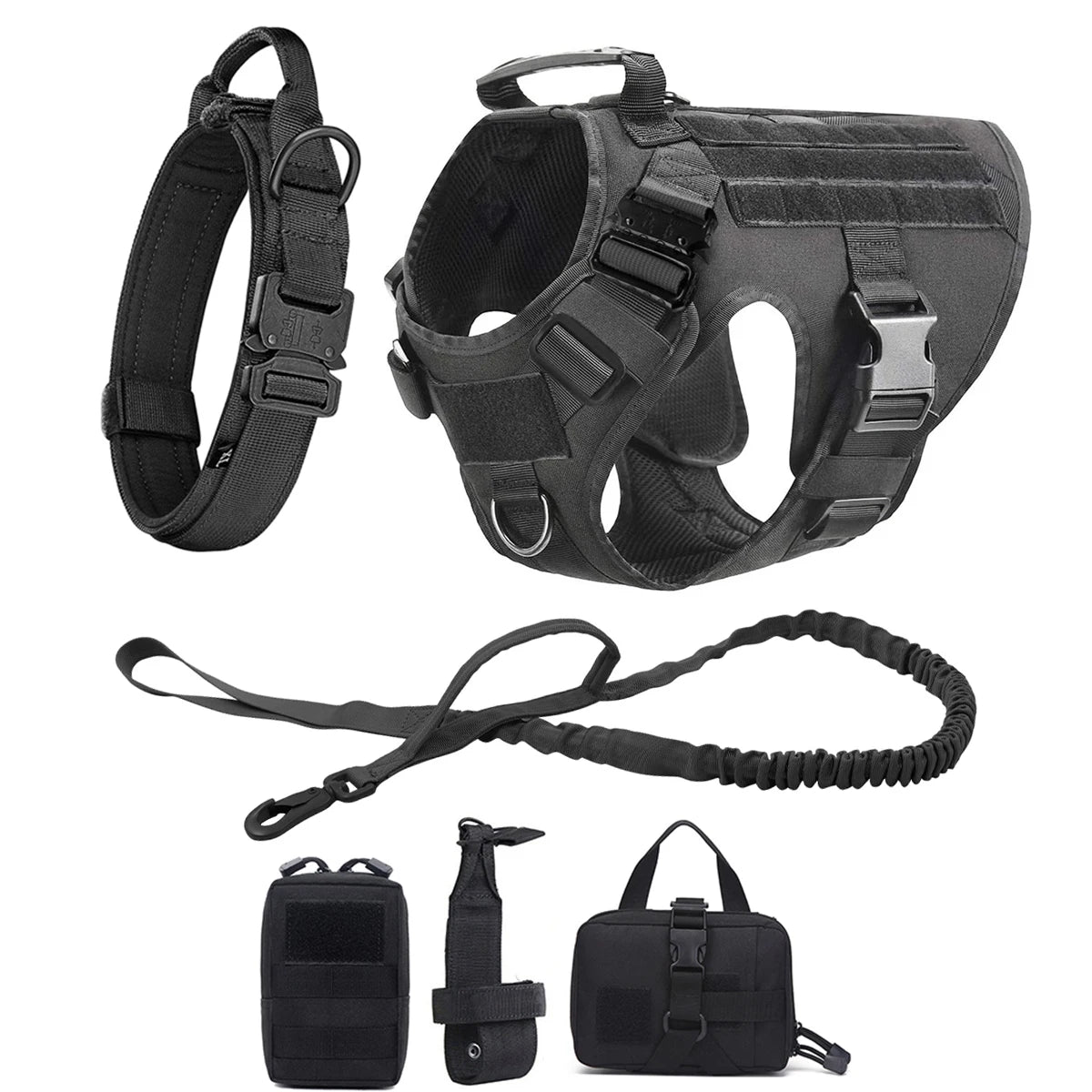 Tactical Dog Harness Leash Collar Pouches for Medium Large Dogs Training.