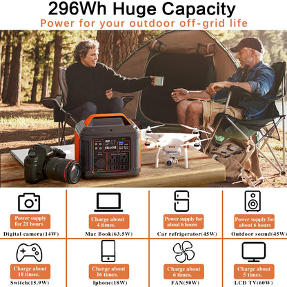 Portable Power Station, 300W 296Wh Solar Generator Quick Charge / 110V AC Outlets/DC.