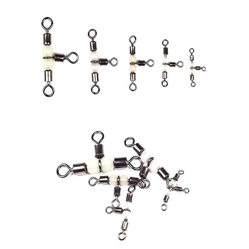 10/50pcs Stainless Steel T-Turn 3 Way Fishing Connector  Rolling Swivel Fishing Tackle Connector Luminous beads attract fish