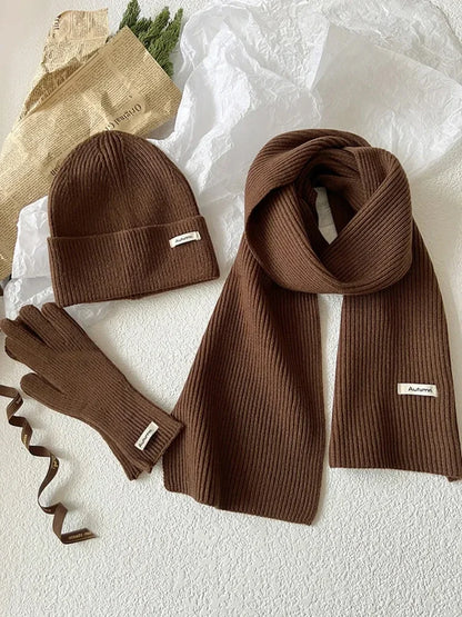 Knitted Winter Scarf Woman Solid Color Hat Scarf Gloves.