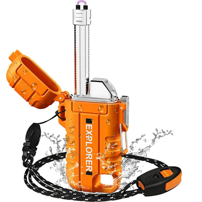 New Outdoor Camping Mountaineering Waterproof USB Double-arc Lighter Portable Lanyard with Whistle.