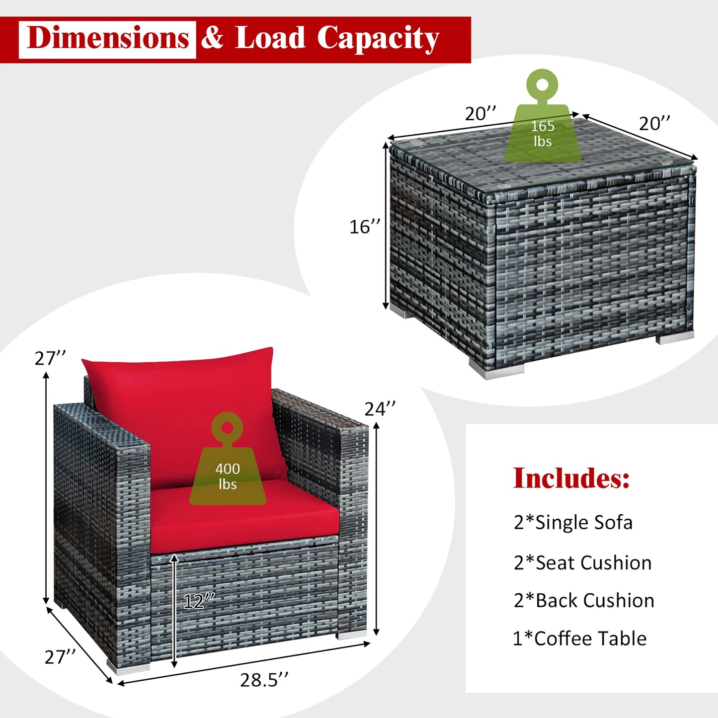 3 PC Patio Rattan Furniture Bistro Set Cushioned Sofa Chair Table Red.