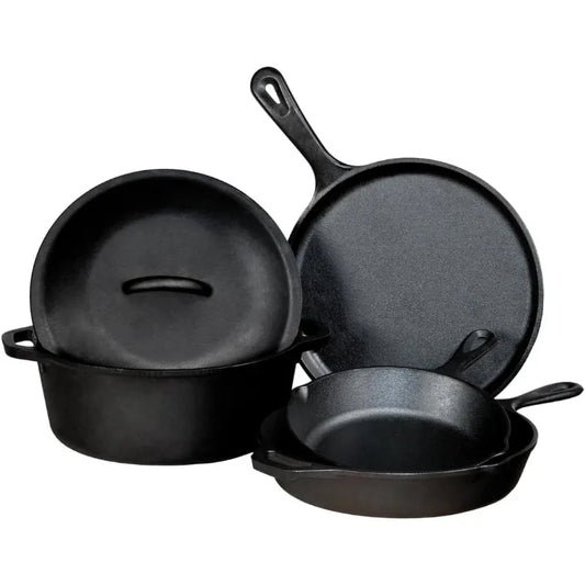 Seasoned Cast Iron 5 Piece Bundle. 10.5" Griddle, 8" Skillet, 10.25" Skillet, 10.25" Dutch Oven, and 10.25" Lid, Black.