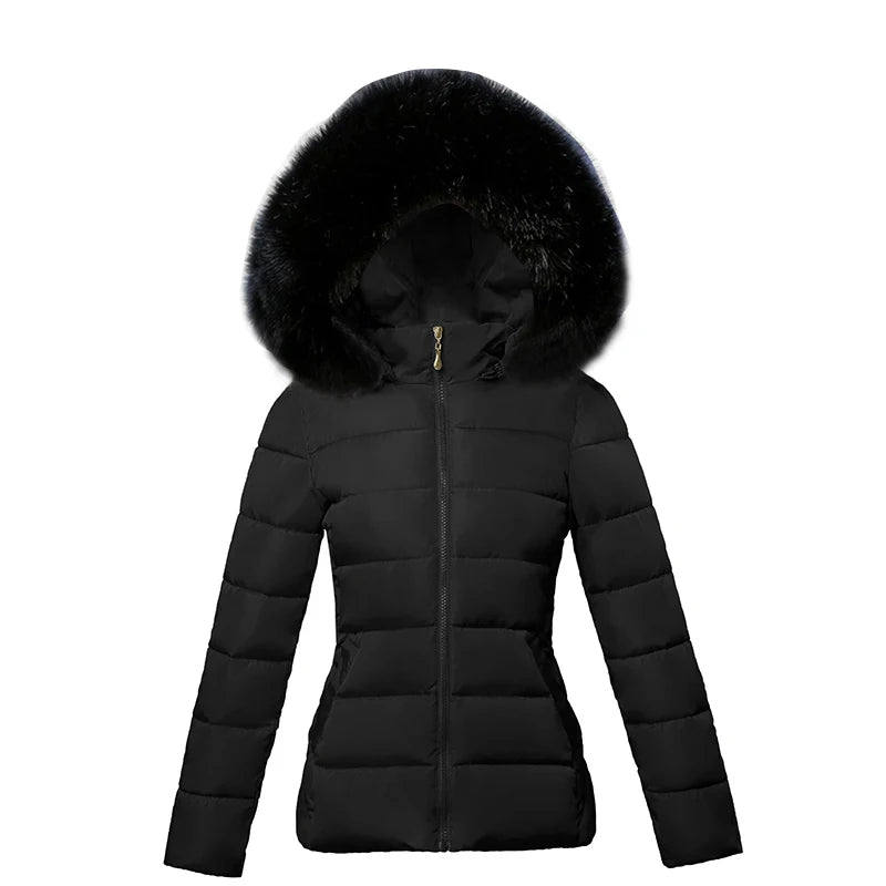 Fashion Black Women's Winter Jacket Big Fur Hooded Thick Down Parkas.