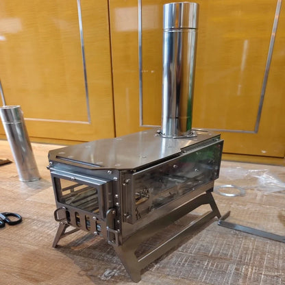 Camping Wood Stove Firewood Stainless Steel With Side Panels.
