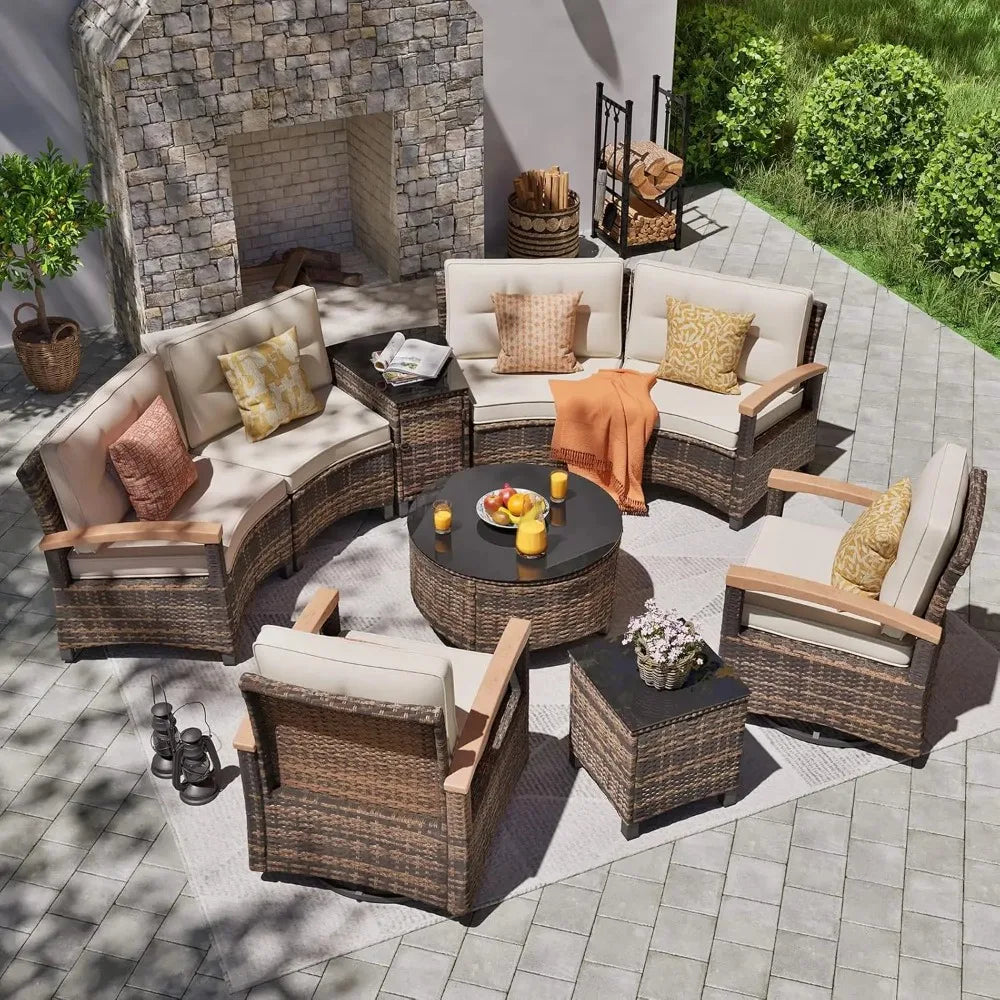 9 Piece Outdoor Patio Furniture Set, Half-Moon Curved Sectional.