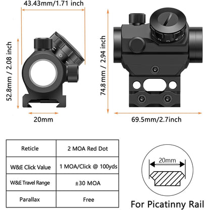 Red Dot Sight 1x25mm Reflex Sight Waterproof & Shockproof & Fog-Proof  with 1 inch Riser Mount.