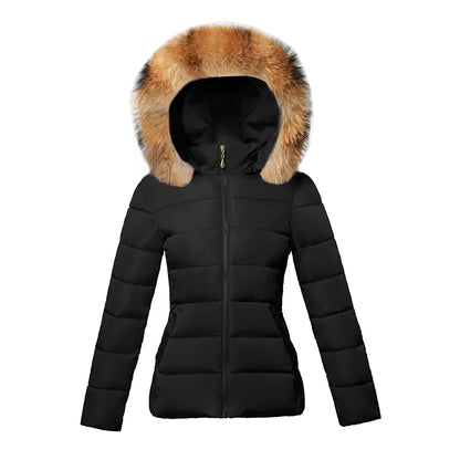 Fashion Black Women's Winter Jacket Big Fur Hooded Thick Down Parkas.