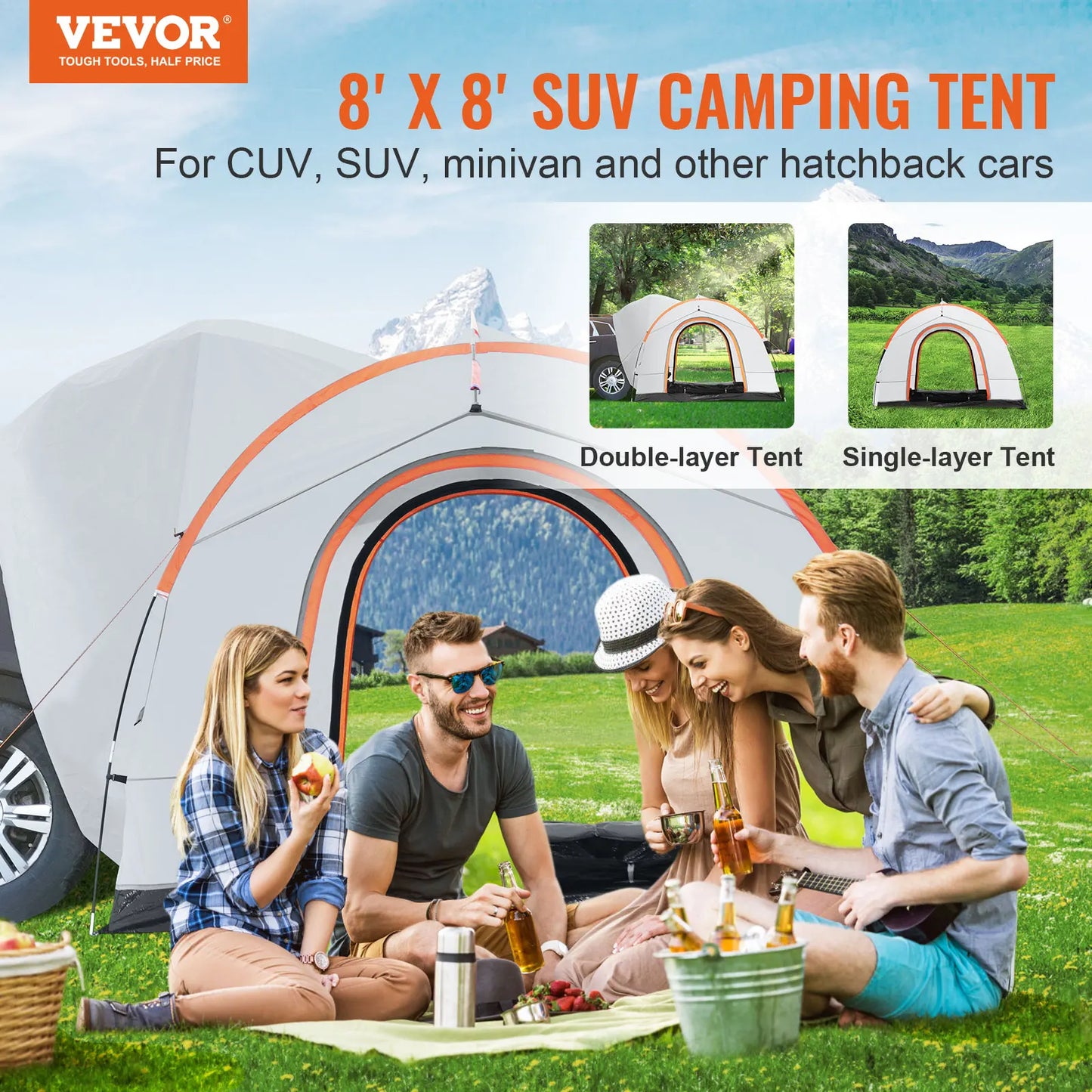 Tent 8'-8' SUV Attachment for Camping with Rain Layer and Carry Bag.